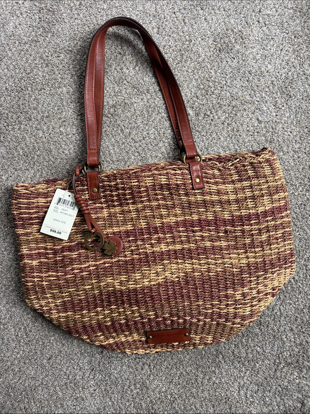 Lucky Brand NWT Woven Straw Kenya Tote Bag with Brown Leather Straps-Brown & Tan